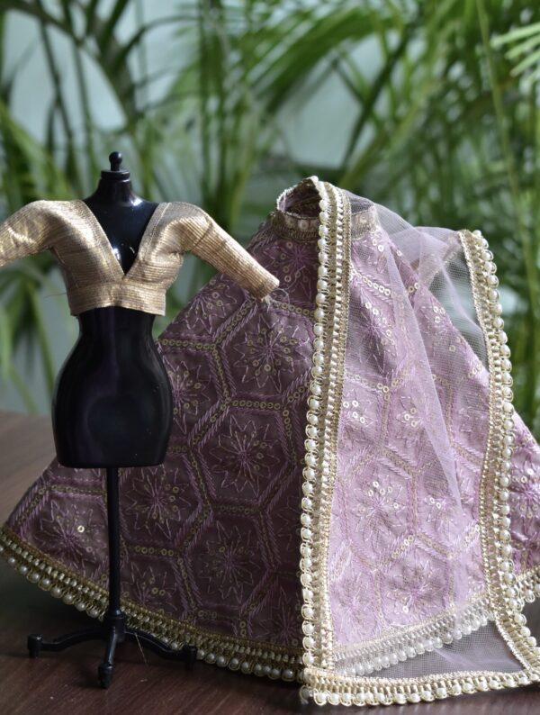 Lilac and gold Indian lehenga for doll with pearl detailing