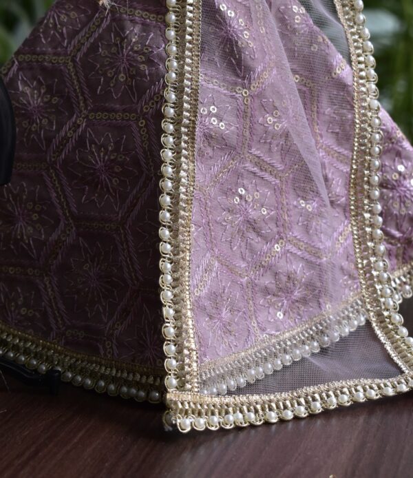 Lilac and gold Indian lehenga for doll with pearl detailing