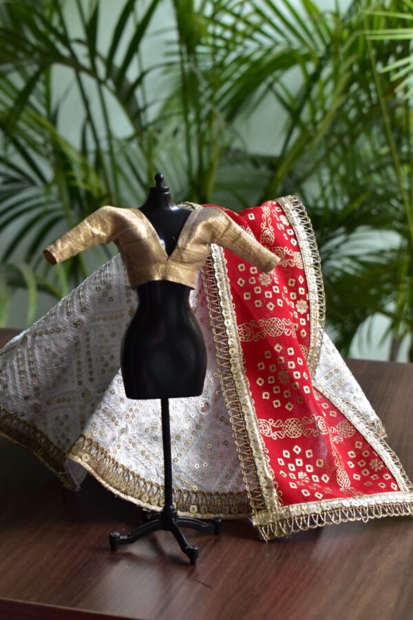 White and red Indian lehenga for doll