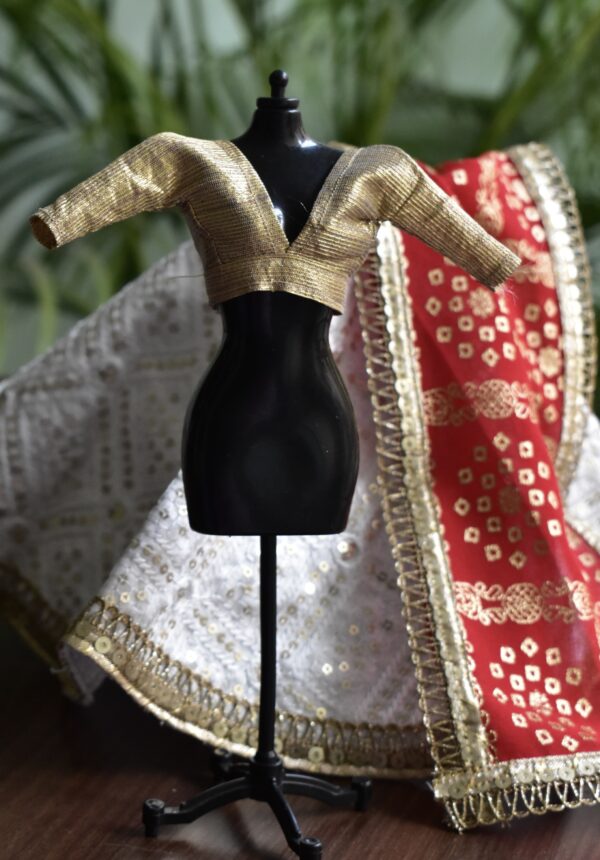 White and red Indian lehenga for doll