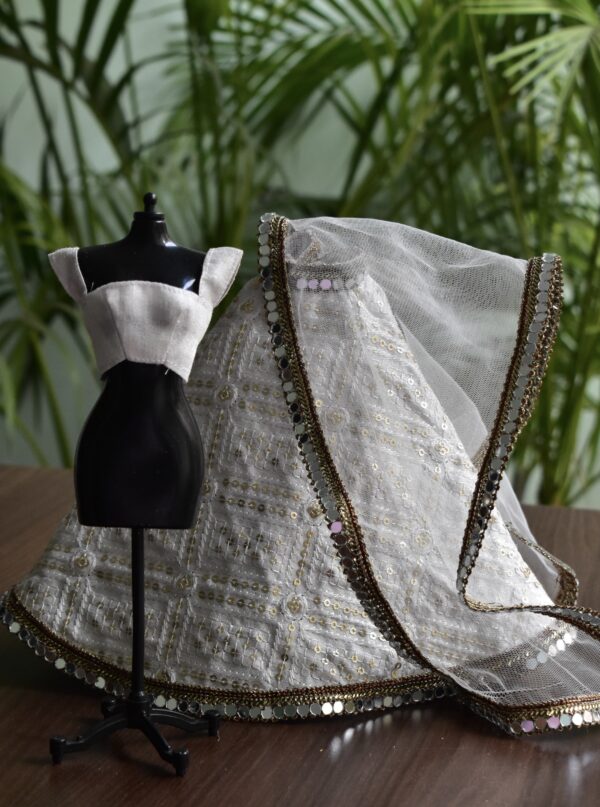 Embroidered white and gold Indian lehenga for curvy doll