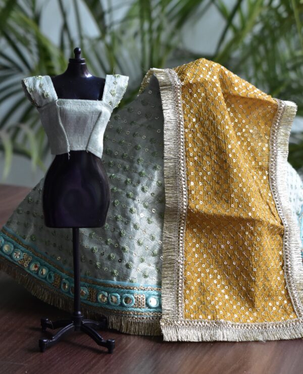 Mint green Indian festive lehenga for curvy doll