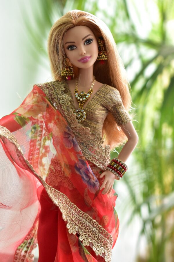 Red organza saree for doll