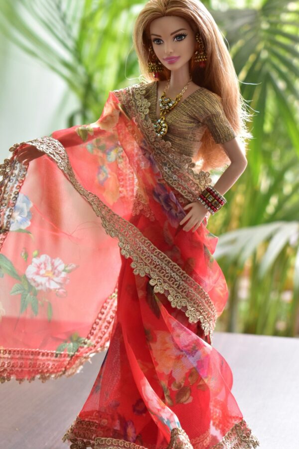 Red organza saree for doll