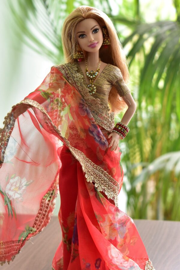 Red organza saree for doll