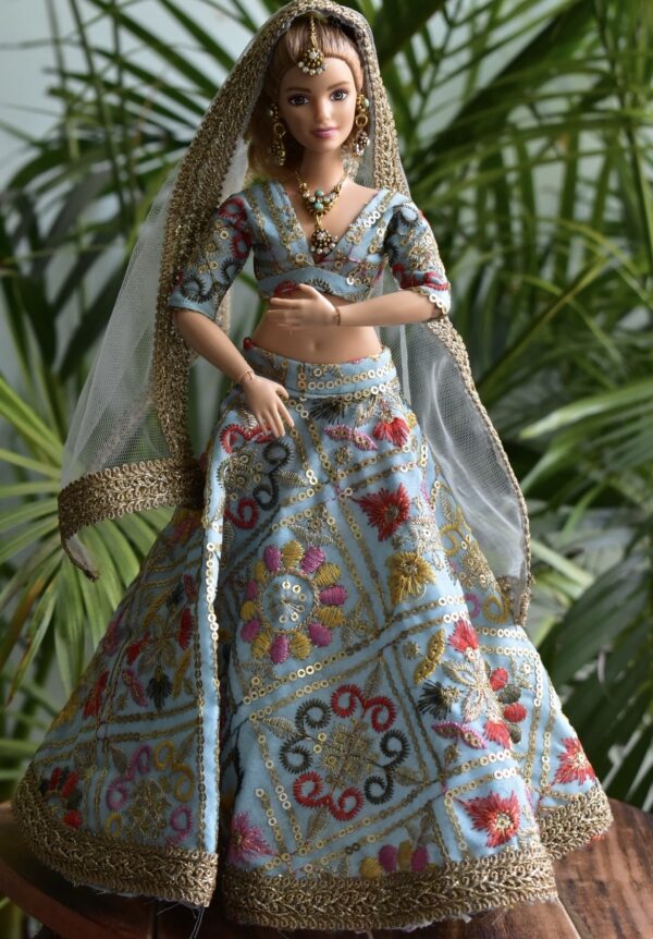Blue gold embroidered Indian wedding lehenga for curvy doll