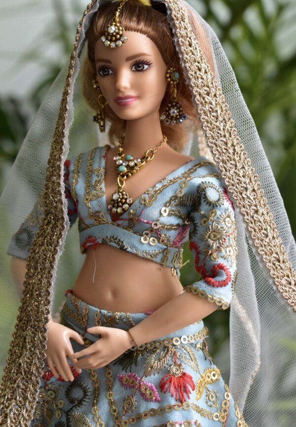 Blue gold embroidered Indian wedding lehenga for curvy doll