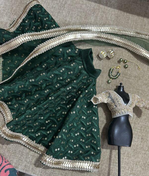 Green gold Indian bridal lehenga for curvy doll