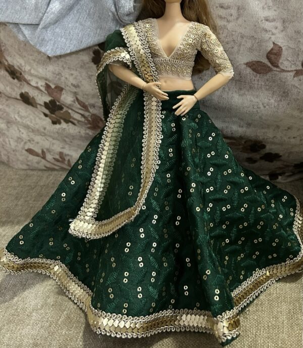 Green gold Indian bridal lehenga for curvy doll