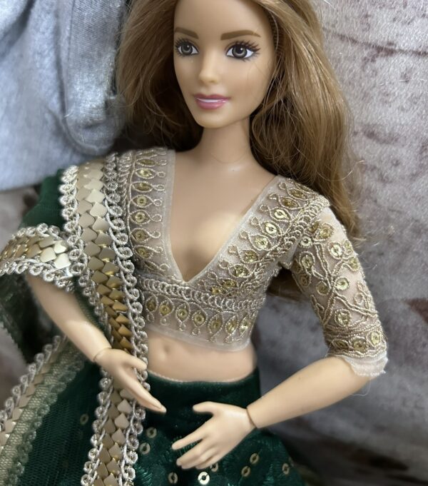 Green gold Indian bridal lehenga for curvy doll