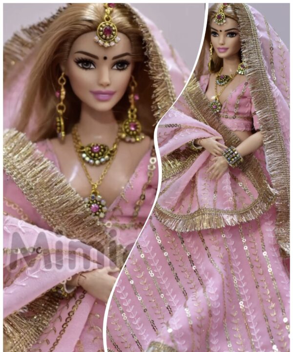 Baby pink sparkly bridal lehenga for curvy doll