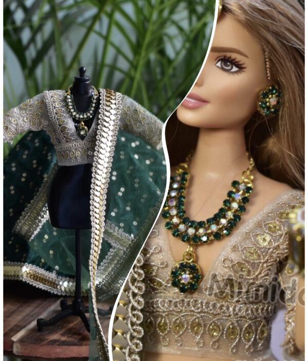 Green gold Indian bridal lehenga for curvy doll
