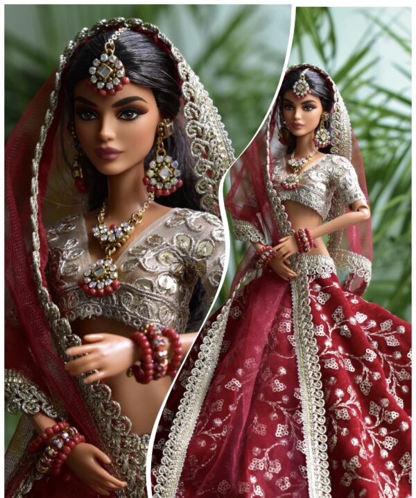 Maroon indian bridal lehenga for doll