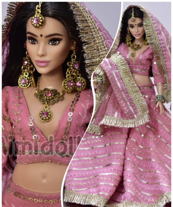Mauve pink sparkly bridal lehenga for curvy doll