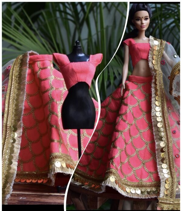 Orange gold lehenga for doll