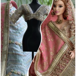 Pastel pink blue wedding lehenga for doll