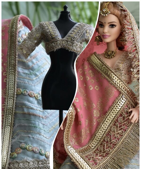 Pastel pink blue wedding lehenga for doll