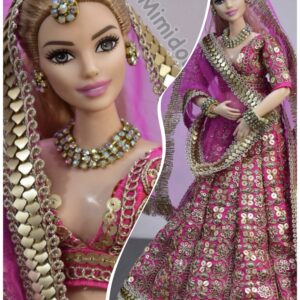 Pink and gold Indian wedding outfit for curvy doll