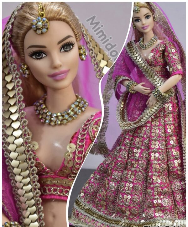 Pink and gold Indian wedding outfit for curvy doll