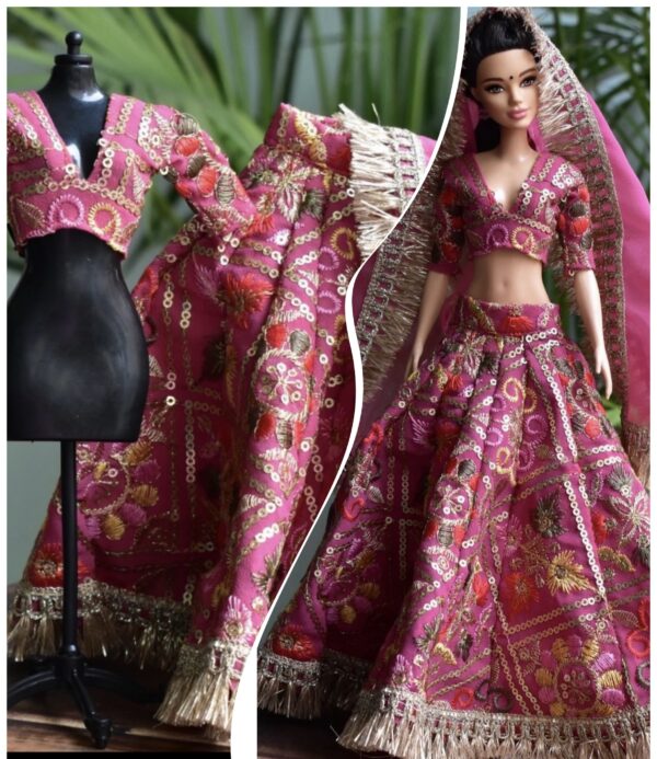 Pink embroidered lehenga for doll
