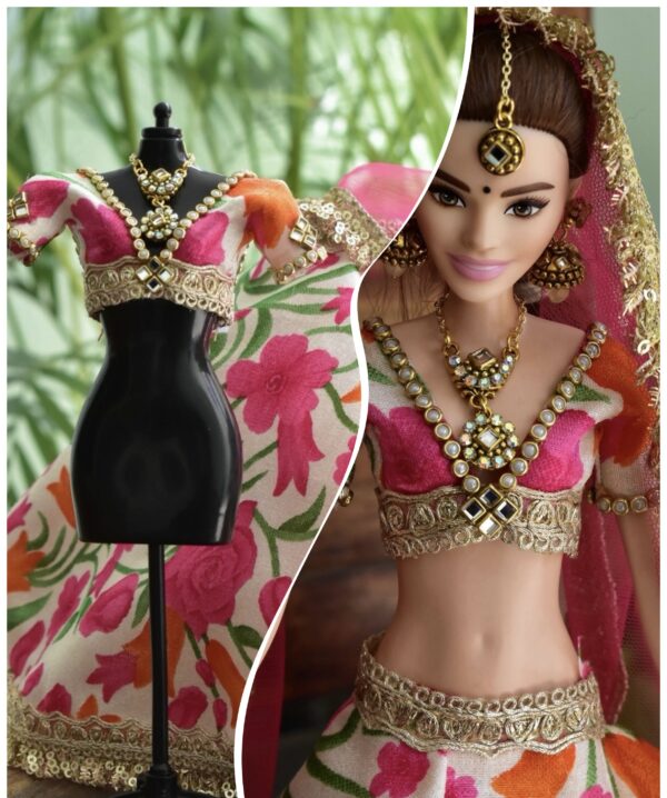 Pink floral festive lehenga for doll