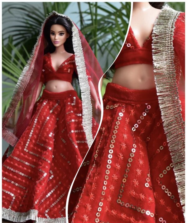 Red festive lehenga for curvy doll