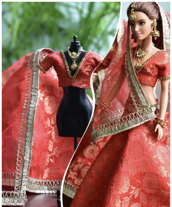 Red gold Indian wedding lehenga for doll