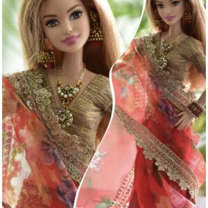 Red organza saree for doll