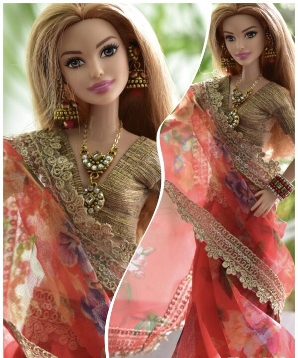Red organza saree for doll