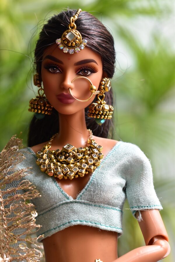 Blue gold Indian bridal lehenga for Barbie doll