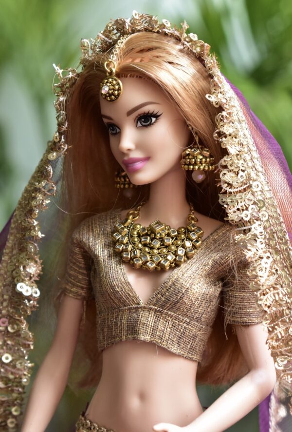 Wine and gold Indian bridal lehenga for Barbie doll