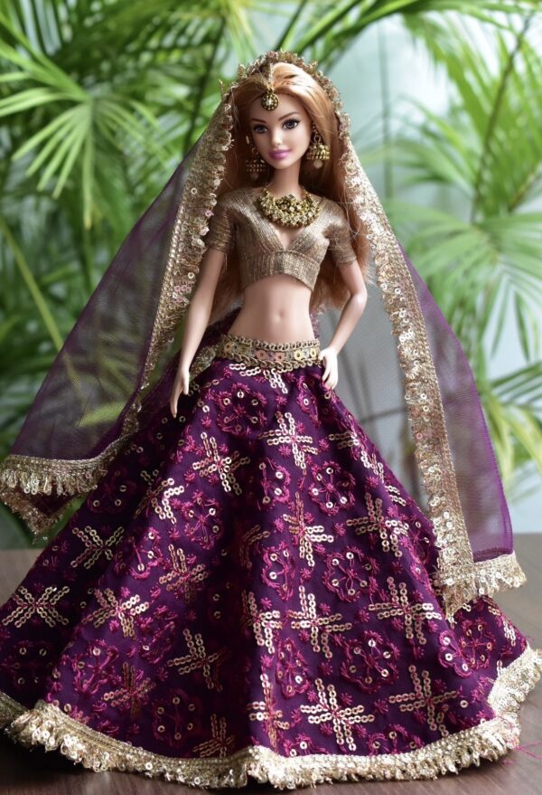 Wine and gold Indian bridal lehenga for Barbie doll