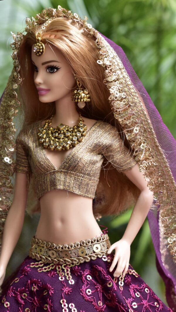 Wine and gold Indian bridal lehenga for Barbie doll