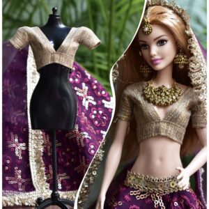 Wine and gold Indian bridal lehenga for Barbie doll