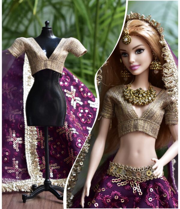 Wine and gold Indian bridal lehenga for Barbie doll