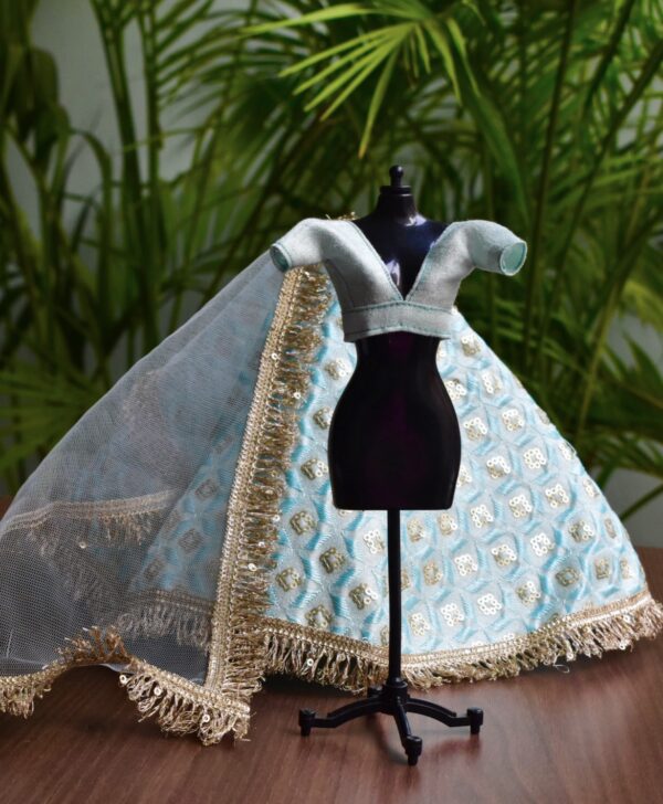 Blue gold Indian bridal lehenga for Barbie doll
