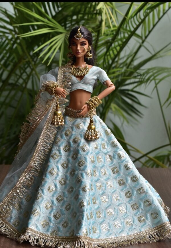 Blue gold Indian bridal lehenga for Barbie doll