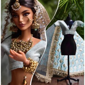 Blue gold Indian bridal lehenga for Barbie doll