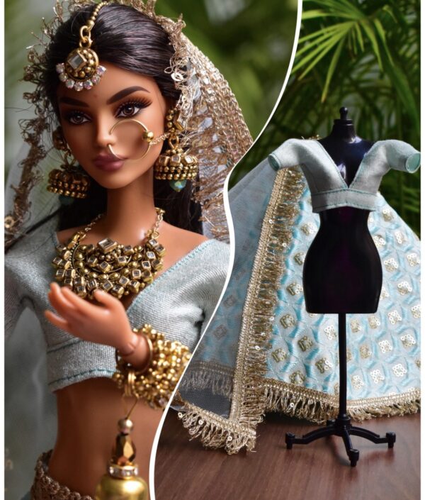 Blue gold Indian bridal lehenga for Barbie doll