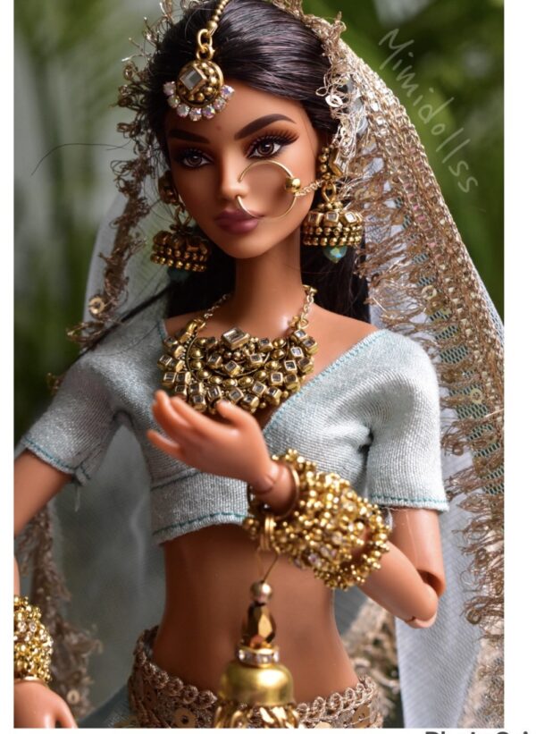 Blue gold Indian bridal lehenga for Barbie doll