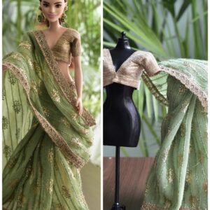 Green and gold saree for doll