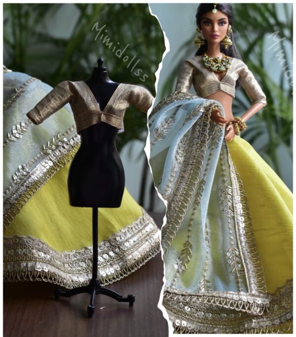 Yellow green and gold Indian bridal lehenga for doll