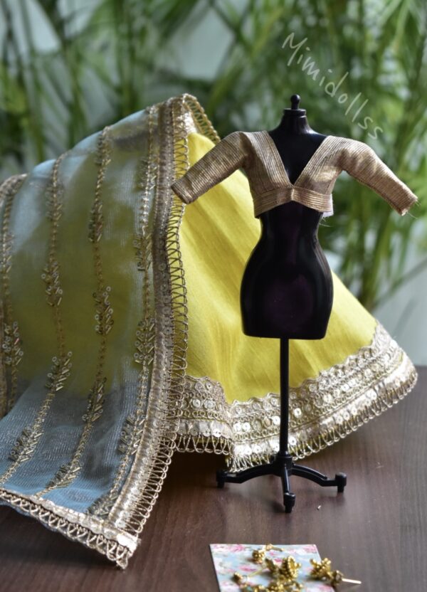 Yellow green and gold Indian bridal lehenga for doll