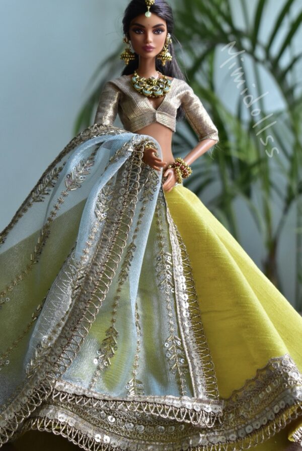 Yellow green and gold Indian bridal lehenga for doll