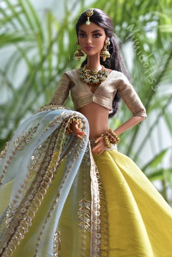 Yellow green and gold Indian bridal lehenga for doll