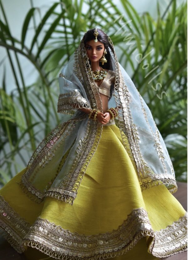 Yellow green and gold Indian bridal lehenga for doll