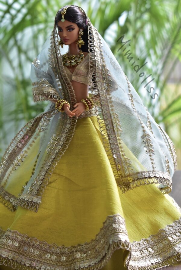 Yellow green and gold Indian bridal lehenga for doll