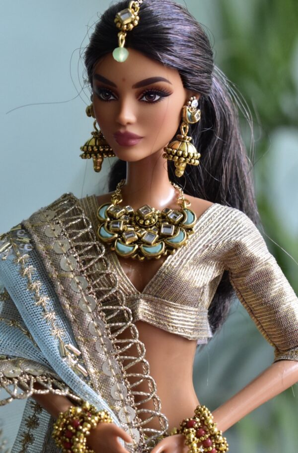Yellow green and gold Indian bridal lehenga for doll