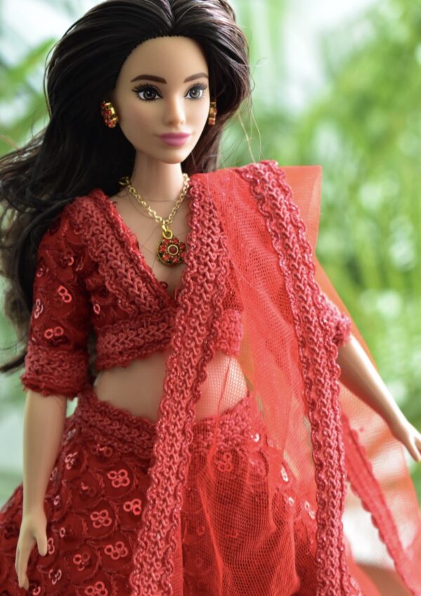 Red sequins lehenga for curvy Barbie doll