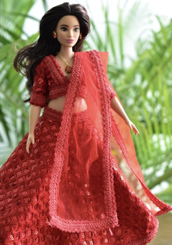 Red sequins lehenga for curvy Barbie doll